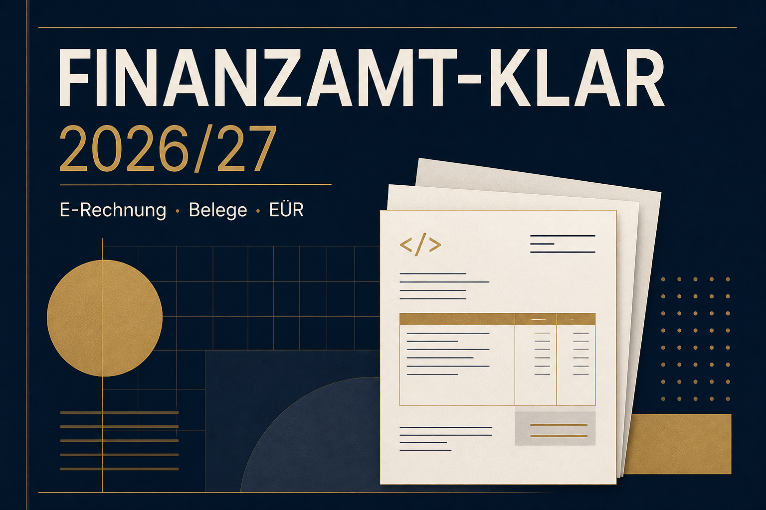 Cover des E-Books Finanzamt-klar 2026/27 in Marineblau und Gold, Unterzeile E-Rechnung, Belege, EÜR